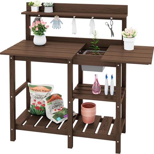 SERWALL Outdoor Potting Bench with Removeable Sink,Rot-Resistant HDPE Potting Table