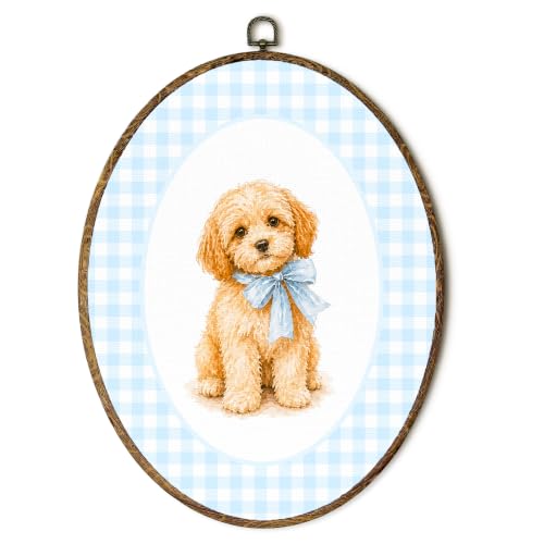 laveliabel Cavapoo Blue Gingham Oval Canvas Art Wall Decor, Baby Girl Nursery Decor, Coquette Bow Puppy Framed Canvas Prints, Preppy Cute Dog Oval Hanging Wall Decor for Home Bedroom, 8.5x11.5in
