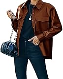 FERNGIRL Womens Button Front Faux PU Leather Jacket Shacket Casual Shirt Long Sleeve Blazer Coat wit