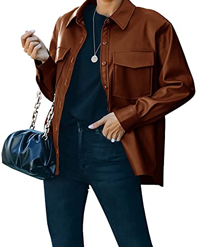 Ferngirl Womens Button Front Faux Pu Leather Jacket Shacket Casual Shirt Long Sleeve Blazer Coat With Bust Pocket #TOP30