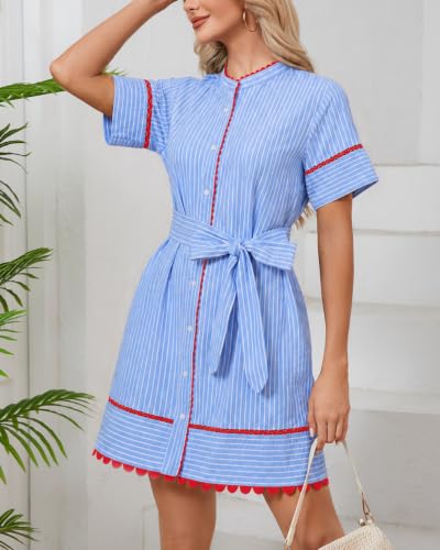 Image of Women's Summer Shirt Dress Short Sleeve Button Down Mini Tie Waist Belted Tunic with Pockets RIC Rac Trim