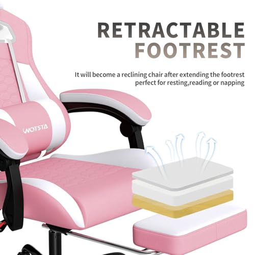 Image of Gaming Chair with Massage,Ergonomic PC Gaming Chair with Footrest Comfortable Headrest and Lumbar Support,High Back Game Chair PVC Leather,300LBS (Pink)