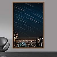 Framed Canvas Wall Art Shooting Star Night Astronomy & Space Bedroom Colorful Contemporary Moon Multicolor Photography - 16x24 inches