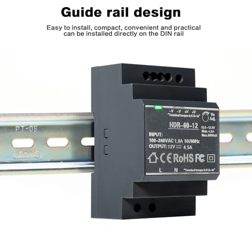 Image of DIN Rail Power Supply, 60W 12VDC 4.5A Switching Power Supply with Overload Protection and Stable DC Output (HDR-60-12)