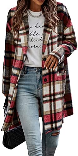 PRETTYGARDEN Women's 2023 Plaid Shacket Jacket Casual Button Wool Blend Winter Tartan Trench Coat With Pockets (Red,Small)