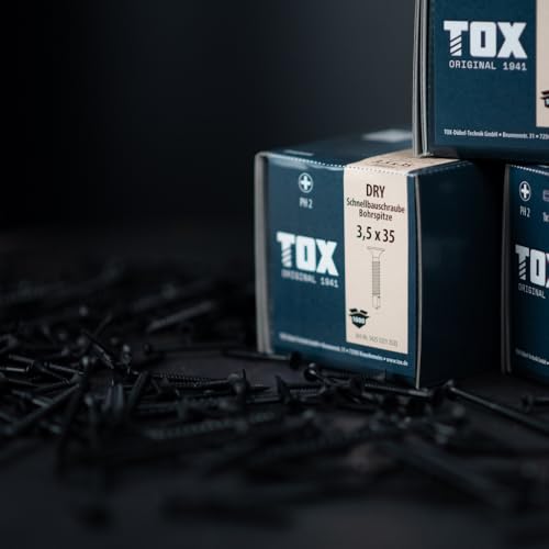 Image of TOX Drywall Screws 3.9 x 45 mm, Black Phosphated Screws with Trumpet Head + Fine Thread, Plasterboard on Metal Substructure, PH2, 1000 Pieces, Includes 1x Bit, 142453213945
