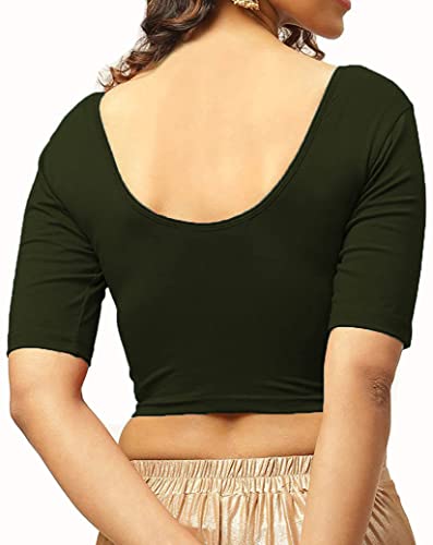 Image of THE BLAZZE 1303 Women's Cotton Scoop Neck Backless Elbow Sleeve Crop Top Readymade Saree Blouse for Women