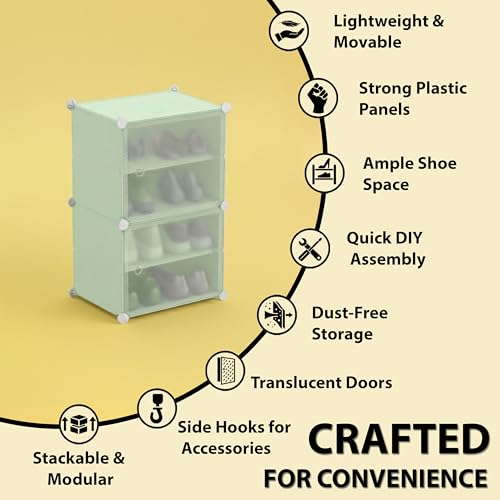 Image of ALOXE DIY Foldable Shoe Rack | 4 Layer Plastic Shoes Rack with Door Cover | Multipurpose Stand for Home & Entryway (Green)