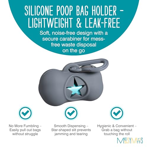 Image of Messy Mutts Silicone Dog Waste Bag Holder | Dog Poop Bag Dispenser with Carabiner and Bags | Unscented Roll Included - 15 bags | Leash Essential | (Grey)