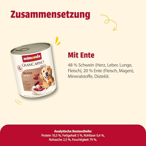 animonda GranCarno Hunde Nassfutter mit Ente (6 x 800 g), getreidefreies Hundenassfutter ohne Zucker, für ausgewachsene Hunde, mit frischen fleischigen Zutaten