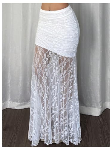 GORGLITTER Women's Floral Lace Sheer Mesh Long Skirt A Line Low Rise Ruched Flowy Coquette Skirts2