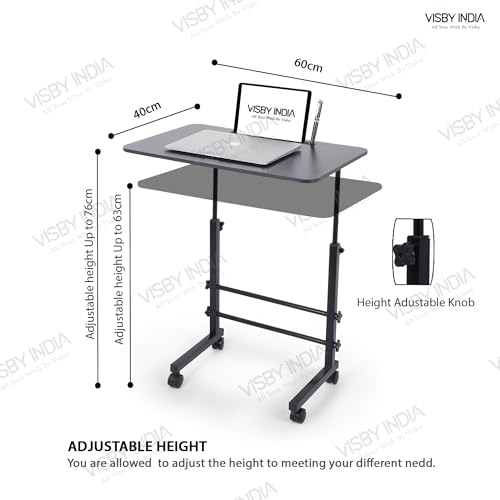 Image of VISBY INDIA Wooden Multipurpose Adjustable Height Table with Wheels for Work from Home, Study, Office and Bedroom (A1)