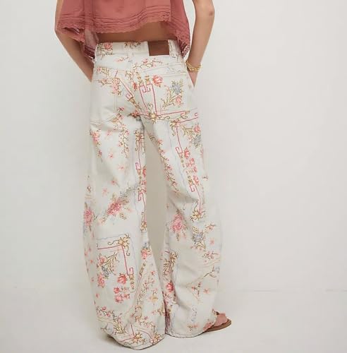 CHARTOU Women Floral Denim Wide Leg Pants High Waist Floor Length Baggy Barrel Jeans3