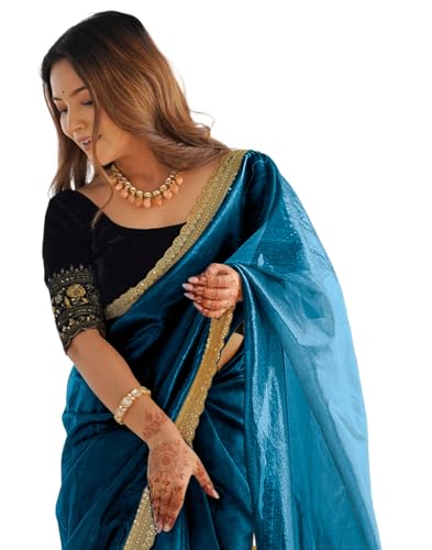 Image of SIRIL Women's Shimmer Net Sequence Embroidery Lace Saree for With Unstitched Blouse Piece