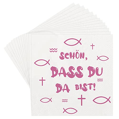 Servietten Kommunion 40Stück, Tischdeko Konfirmation Junge Mädchen Papierserviette Taufe mit "schön dass du da Bist" Rosa Fisch Kreuz Einweg Napkins Dekorationen für Kommunion Taufe Erstkommunion Cover