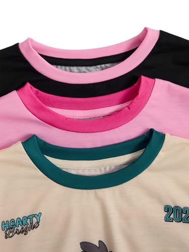 Image of RoseSeek Girl's Shirts 3 Packs Star Butterfly Graphic Tees Crew Neck Short Sleeve T Shirt Casual Tops