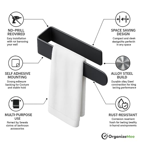 Image of OrganizeMee (Self Adhesive) Napkin & Towel Holder for Hand Basin Towels, Washbasin Bathroom Hanger, Kitchen Sink Napkin Holder Accessories Rack Without Drilling Cloth Hangers (Black)