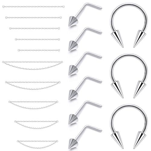 Lcolyoli Nose Chain Piercing Across Nose Rings for Women Men Surgical Steel Spike Nose Studs with Chain Nose Rings Stud Double Nose Piercings Long Spike Septum Rings Nostril Piercing Jewelry