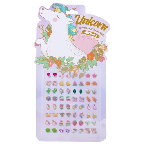 koutey 32 Pairs Spring Girls Stick on Earring 3D Self Adhesive Unicorn Rainbow Flower Animal Easter Sticker Earrings For little girls 4-6 Kids Girl Toddlers Gem Stickers (32 Pairs Unicorn Style)