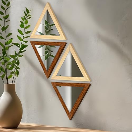 Image of Art Street Acrylic Wall Mirror for Decoration Set of 4, Trangle Shape Acrylic Basin Mirror with Hanging Hook for Bathroom, Bedroom, Home and Office Wall Decor (9x9 Inch, Beige and Brown)