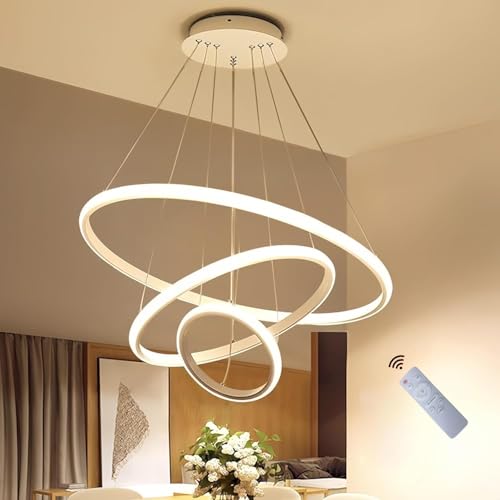 Forrio 3 Rings Modern LED Chandelier Pendant Lamp LED Ceiling Lighting Fixtures Living Room Farmhouse Kitchen Adjustable Height Chandeliers for Dining Room Bedroom Hallway(White)