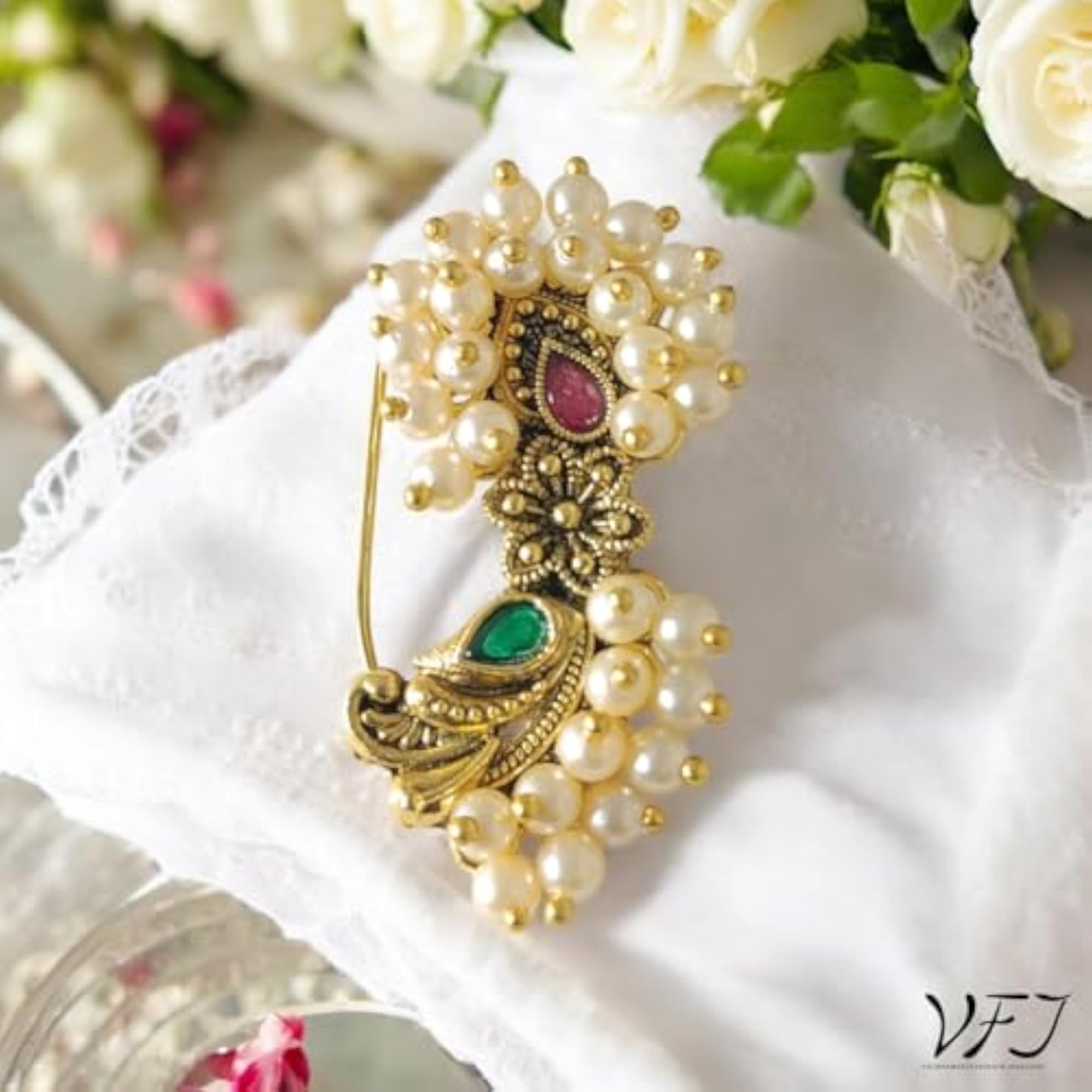 Women's Gold Plated Pearls Mayur Pankh Nose Pin
