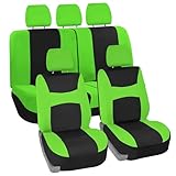 FH Group Stylish Cloth Full Set Car Seat Covers (Airbag & Split Ready) w. Steering Wheel Cover and Seat Belt Pads, Green/Black- Fit Most Car, Truck, SUV, or Van