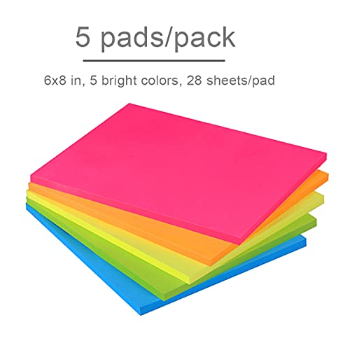 Image of Vanpad Sticky Notes 6x8 in Bright Stickies Colorful Super Sticking Power Memo Pads Strong Adhesive 5 Pads /Pack 28 Sheets /pad