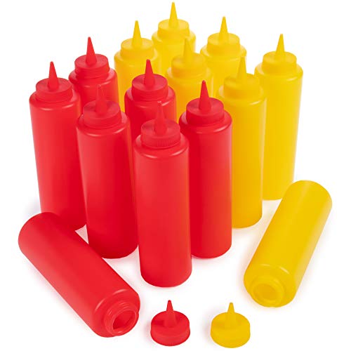 Ketchup and Mustard Squeeze Bottle Value Combo Pack | 14-pack, 16-oz Plastic Kitchen Table Condiment Squirt Dispenser Bundle | Restaurant Supplies for Food Truck, Grilling, Dressing, BBQ Sauce, Crafts