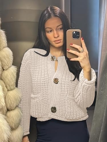 YKR Chunky Knit Cardigan Sweater for Women Long Sleeve Cropped Cardigans Button Down Sweaters with Pockets Beige M 5