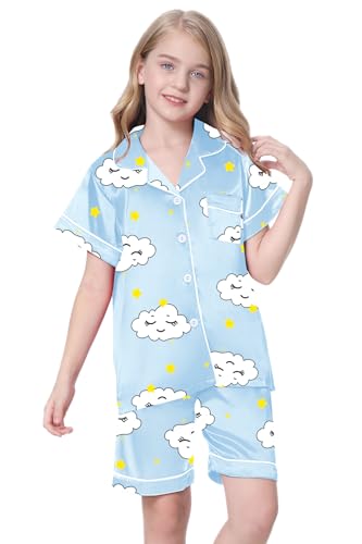 Image of Schbbbta Girls Womens Pajamas, Satin Silky Pjs Set Kids 2Pcs Button-Down Nightwear Sleepwear Gift for Mommy and me