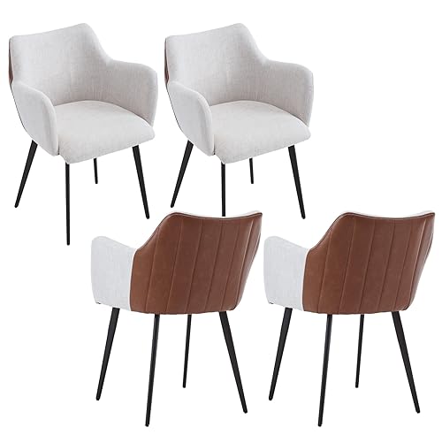 chairus Sillas de Comedor Juego de 4 Silla Vanity Sillas de Acento de Cuero PU + Tela de Lino Patchwork Sillón Moderno con Patas de Metal(Beige-4(Lino))