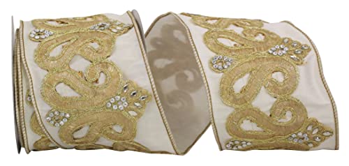 Reliant Ribbon 93441W-810-10D Dupoine Regal Jewel Scroll Trim Embroidery Wired Edge Ribbon 4 Inch X 5 Yards Ivory