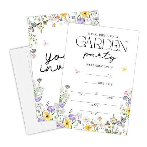 Yhtmbf 20 Garden Party Birthday Invitation Card With Envelopes,4' x 6' Double-sided Fill In Invites For Boys, Girls, Floral Birthday Party Invitation Cards Supplies - A04