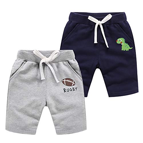 Azalquat Baby Boys Summer Knit Shorts with Pocket, 2 Pack Toddler Pull-On Soft Active Shorts (Rugby & Dinosaur, 3T)