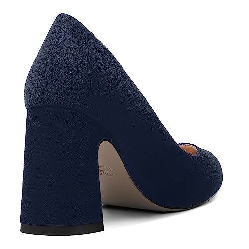 ROSERWISH Womens Slip On Dress Dating Suede Stylish Round Toe Block High Heel Pumps Shoes 3.3 Inch 5