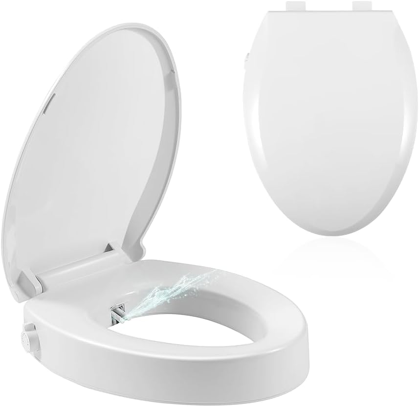 Bidet Toilet Seat Elongated, Raised Toilet Seat with Bidet Adjustable Water Pressure with Dual Nozzles, Non-Electric Bidet Toilet Seat Risers for Seniors (Ambient Water), White
