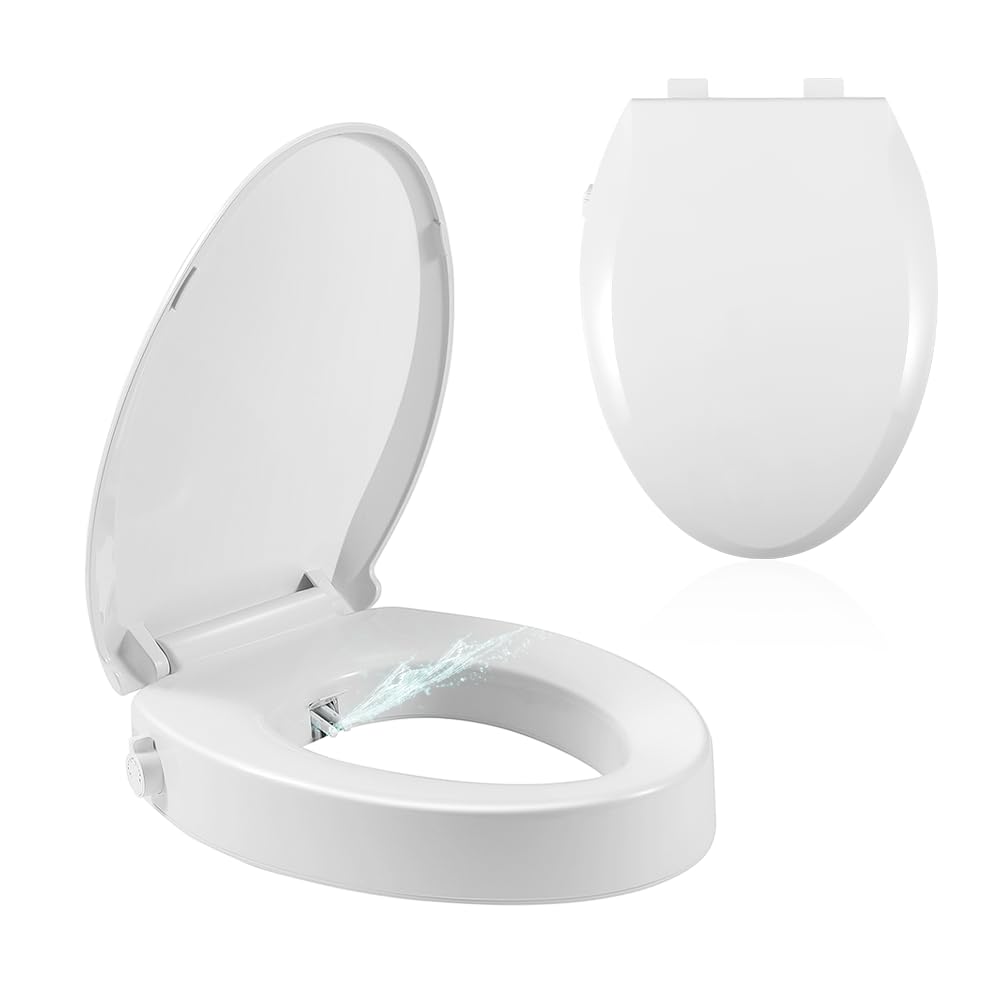 TOIRP Bidet Toilet Seat Elongated, Raised Toilet Seat with Bidet Adjustable Water Pressure with Dual Nozzles, Non-Electric Bidet Toilet Seat Risers for Seniors (Ambient Water), White