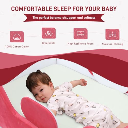 Image of weeonekids Toddler Bed, Child Bed for Kids with Extra Safty Broad, Standard Crib Size Toddler Bed, Certified Fabric Toddler Beds,Toddler Flood Bed (Mixed White /Red)