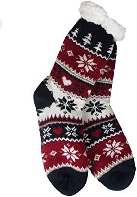 Mirabeau Snowflake Sherpa Thermal Knit Slipper Socks with Non-Slip Grippers (Adult/Youth Black/Red-Hearts/Trees)