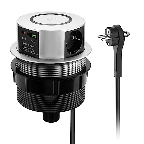 Enchufe retráctil USB C PD20W, 3 enchufes de mesa retráctiles con carga inalámbrica, enchufe empotrable USB retráctil USB para encimera, regleta de enchufes retráctil cable de 1,8 m, 3680 W/16 A