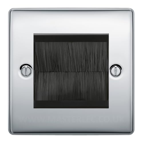 BG Polished Chrome Single 2 Gang Brush Cable Entry Wall Plate Black Insert Square