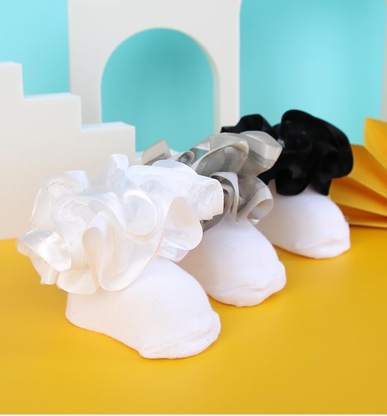 2 Pairs Girls Ruffle Lace Cotton Socks,Cute Double Big Lace White Frilly Princess Dress Socks for Toddler Little Girls - Image 8