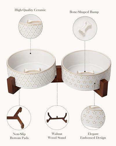 Image of MALACASA Dog Bowl Set, Ceramic Bowls with Walnut Wood Stand, 4 Cups