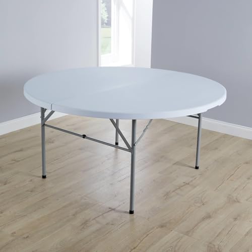 Home Source Folding Trestle Round 5ft Heavy Duty Table for Camping Catering BBQ Picnic Party Car Boot Sale, White