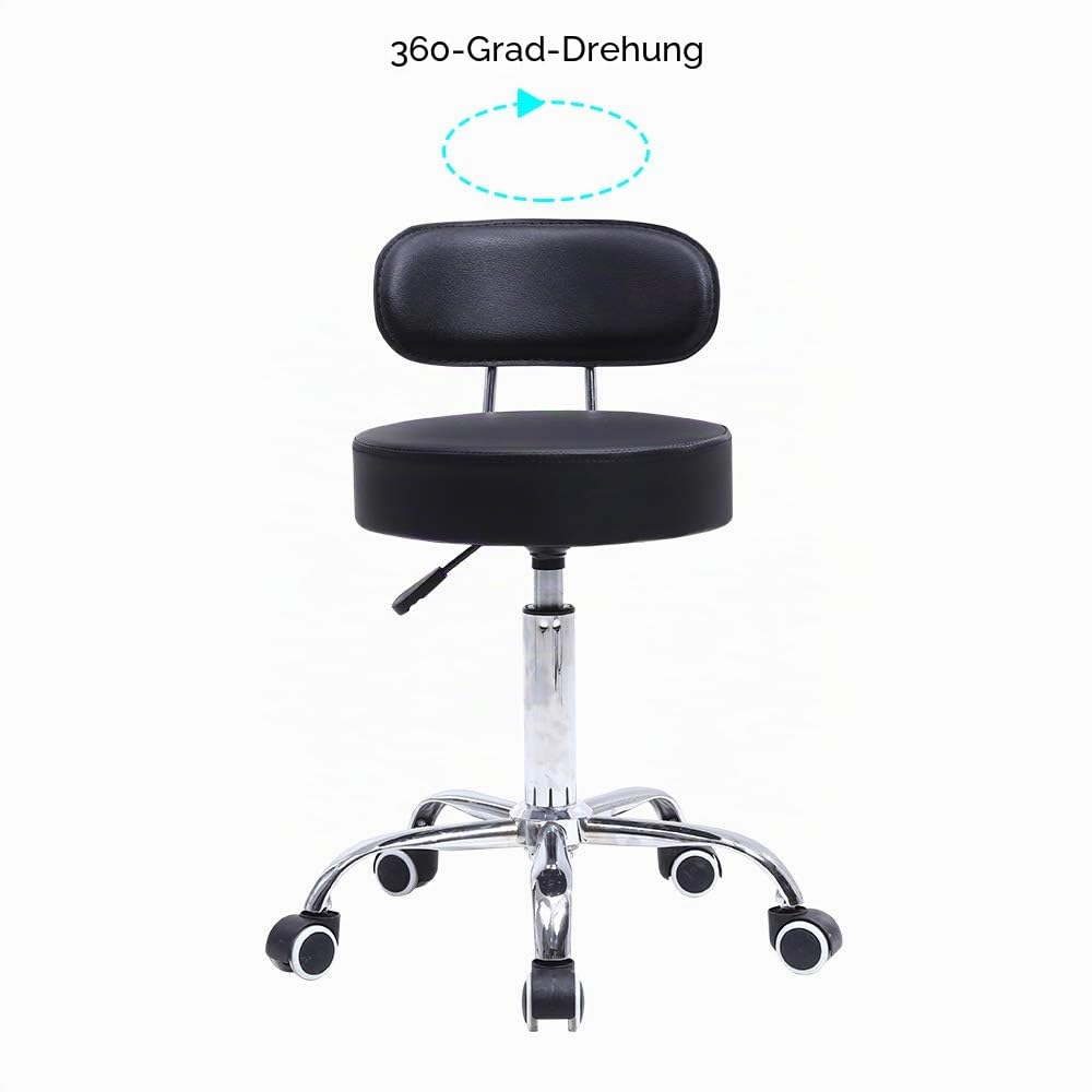 KKTONER Rollhocker mit Rückenlehne 360° drehbar Arbeitshocker höhenverstellbar 48-64cm für Büro Salon Schwarz