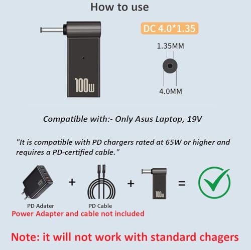 Image of Tobo 100W (4.0x1.35mm) Type C Female to DC Converter for Asus X201E, X553S, X200LA, Fast Charging Type C to Asus Laptop PD Adapter TD-1255CC