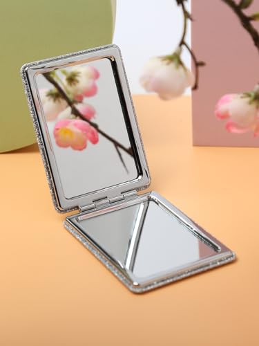 Espelho portátil de poliuretano com ampliação de 1/2 x bolso dobrável espelho de maquiagem de couro PU retangular prata