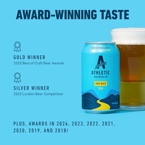 Athletic Brewing Company Craft Non Alcoholic Beer, IPA, Pair With Pizza, Burgers, or Tacos, Vegan Hops & Malt Blend With Citrus & Pine Notes, Low Calorie, Run Wild, 12 Pack, 12 FL Oz Cans