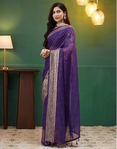 Image of SIRIL Women's Georgette Foil Printed Saree with Unstitched Blouse Piece